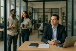 Büroalltag, Führungskraft sitz am Schreibtisch 2 Menschen unterhalten sich dahinter